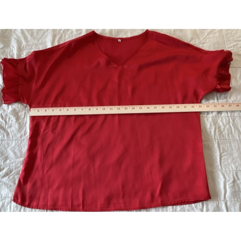 Women's XL Red Ruffle Short Sleeve V-Neck Pullover Blouse Machine Washable